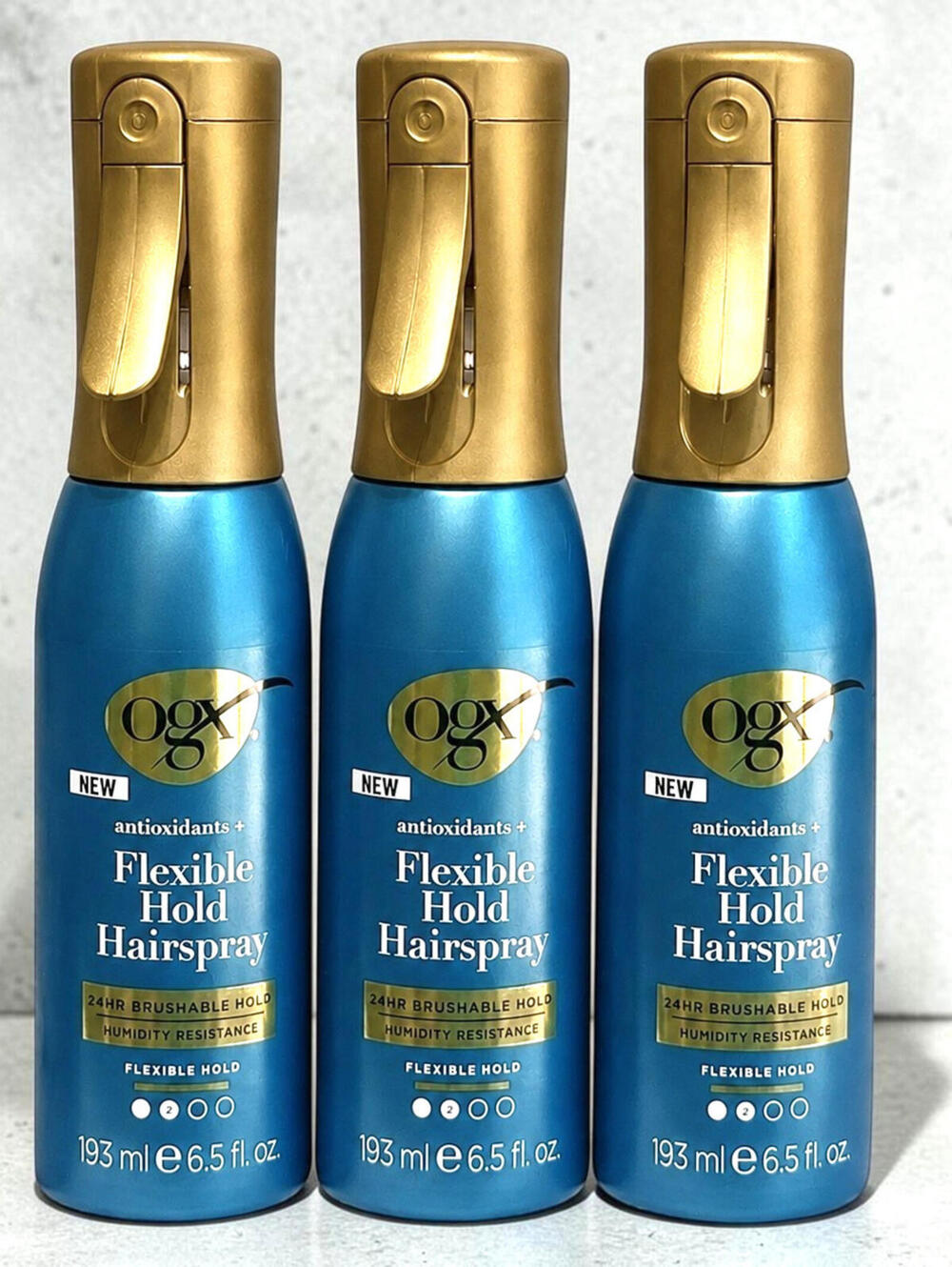 3 Pack OGX Antioxidants + Flexible Hold Hairspray Level 2 6.5 oz